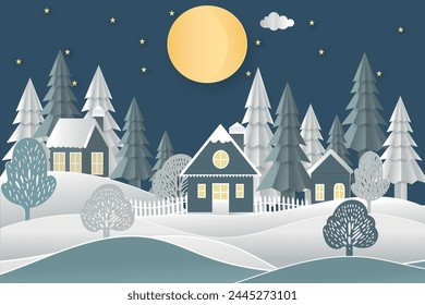 Illustration of Winter Snow Urban Countryside Landscape ,Christmas night village,copy space. , greeting card.Paper cut art style.