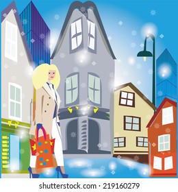 An illustration of a winter street with old and modern buildings on and a lady walking with shopping bags.