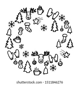 Illustration of winter symbols: deer, snowflake, hot drink, mittens, Christmas tree, bell, star, and a big sock. Winter symbols with empty place for text in the middle.
