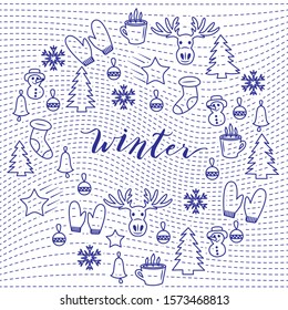 Illustration of winter symbols: deer, snowflake, hot drink, mittens, Christmas trees, bell, star and big sock. Winter characters with the word winter in the middle.