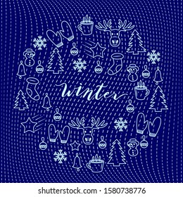 Illustration of winter symbols: deer, snowflake, hot drink, mittens, Christmas trees, bell, star and big sock. Winter characters with the word winter in the middle.