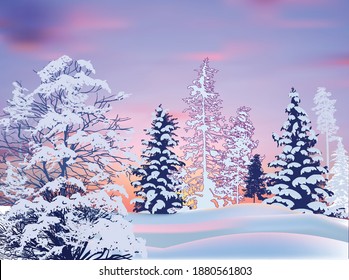 ilustración con árboles de invierno en la nieve