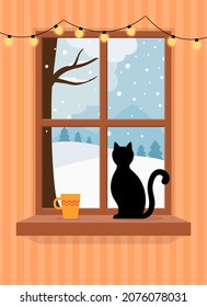 Illustration of winter window with views of the snowy winter landscape and cat vector design