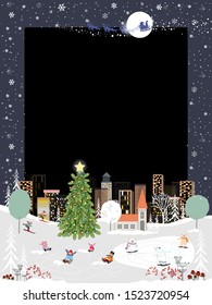 Illustration of Winter wonderland, Vector City scape on Christmas eve with people celebration, polar bear and kids having fun playing in the park, Cute invitation for New year or Christmas