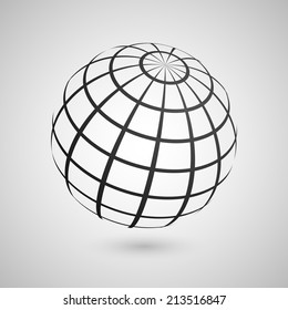 Illustration of a wire frame planet sphere, isolated on a gray background. Vector illustration, eps 10. 