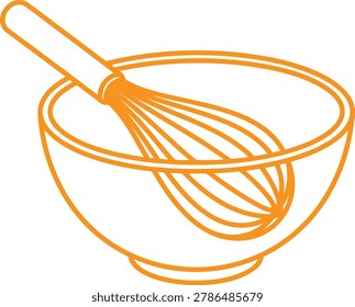 Illustration of a wire whisk placed inside a round mixing bowl with transparent background