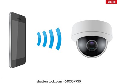 Illustration of Wireless Controlling CCTV security camera with smartphone. IOT Concept and remote home appliance. Editable Vector illustration Isolated on white background.