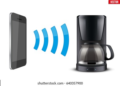 Illustration of Wireless Controlling coffee maker with smartphone. IOT Concept and remote home appliance. Editable Vector illustration Isolated on white background.