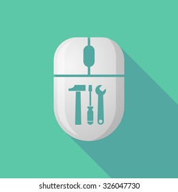 Illustration of a wireless long shadow mouse icon with a tool set