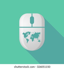 Illustration of a wireless long shadow mouse icon with a world map