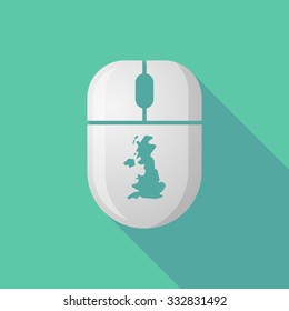 Illustration of a wireless long shadow mouse icon with  a map of the UK 