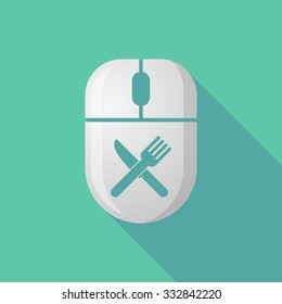 Illustration of a wireless long shadow mouse icon with a knife and a fork
