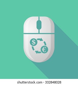 Illustration of a wireless long shadow mouse icon with a dollar euro exchange sign