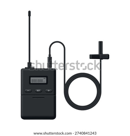 An illustration of a wireless microphone system that includes a lavalier microphone attached to a transmitter, widely used for audio recording during interviews, presentations, and events.