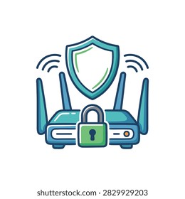 Illustration of a wireless router with a shield and padlock symbol, representing network security and protection.