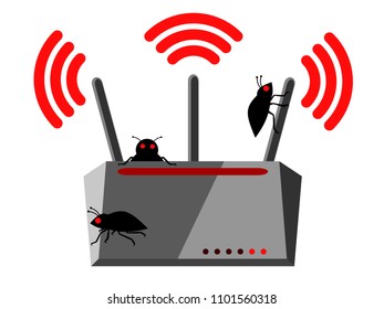 Illustration of wireless router with three Wi-Fi antennas and bugs which has been hacked and is nfected