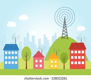 Illustration of wireless signal of internet into houses in city. broadcast tower concept with wifi. network connection technology to house. computer network security and connectivity with wi-fi. 