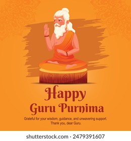 Illustration of a wise guru seated on a wooden platform, giving blessings. Celebrate Guru Purnima with gratitude and reverence