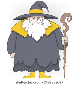 An illustration of a wise old wizard with a long white beard, wearing a large grey hat and a mystical robe adorned with yellow accents.