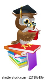 An illustration of a wise owl on a stack of books reading wearing spectacles and a mortar board graduate cap.