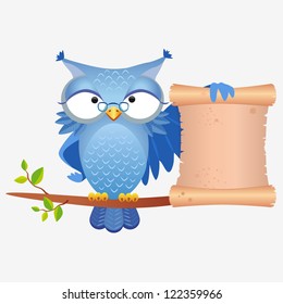 illustration of a wise owl with a scroll sitting on a branch