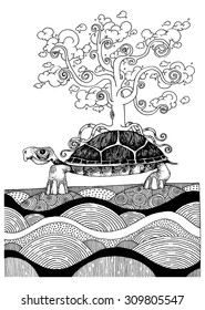 illustration the wise turtle with the tree of life with cloud leafs ancient story spiritual