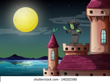 Illustration Of A Witch Above The Castle Near The Sea