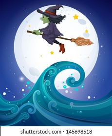 Illustration of a witch above the giant waves