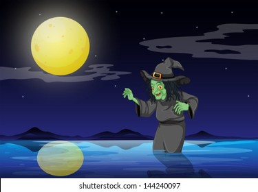 Illustration of a witch at the beach