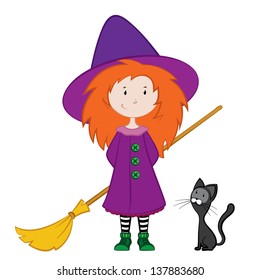 Illustration of a witch with a broom and a cat