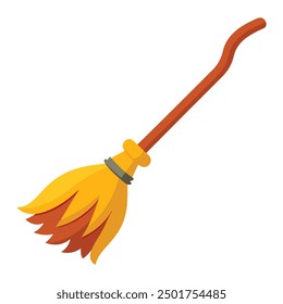 Illustration of Witch broom with wooden handle and yellow bristles 