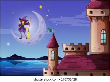 Illustration of a witch with a broomstick standing near the castle