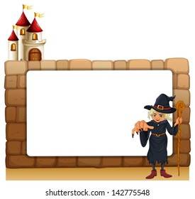 Illustration of a witch with a cane in front of the empty signboard on a white background