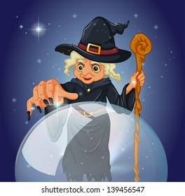 Illustration of a witch with a cane in front of a magical ball