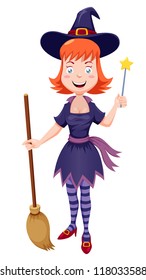 illustration of witch cartoon with broom.Vector