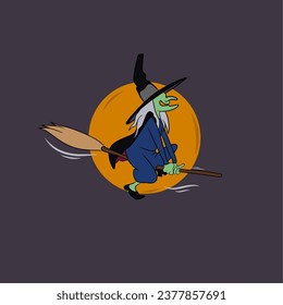 An illustration of witch flaying with magic broom at Halloween night Moonlight, graphic design and suitable for Halloween greeting card, banner, clothes print, and more