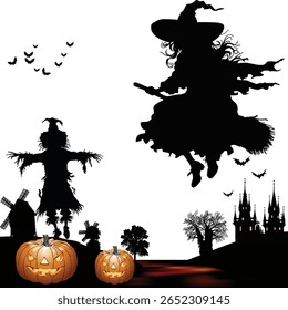 illustration with witch in flight isolated on white background