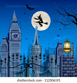 illustration of witch flying above building on halloween night