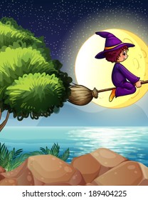 Illustration of a witch flying with a broom in the middle of the night