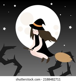 Illustration of a witch flying in the night.