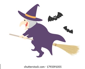 Illustration of a witch flying on a broom.