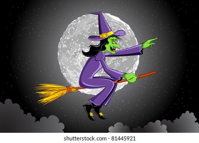 illustration of witch flying on broomstick in sky