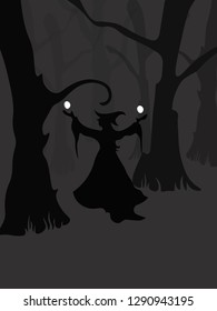 An illustration of a witch. Witch in the forest vector illustration. Halloween