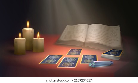 Illustration mit Hexe- oder Wahrnehmungskarten, Buchkarten und Tarot-Karten