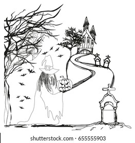 Illustration of witch with Halloween pumpkin 