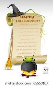 illustration of witch hat and boling pot with halloween card