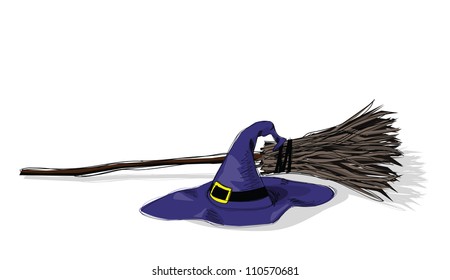 illustration of witch hat and broomstick, in grunge style