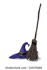 illustration of witch hat and broomstick, in grunge style