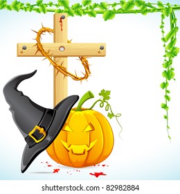 illustration of witch hat with pumpkin and cross for halloween