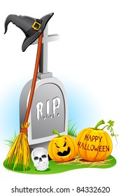 illustration of witch hat with pumpkin and grave stone for halloween